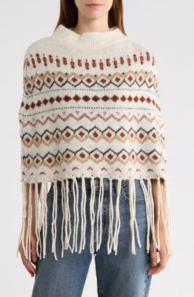 Steve Madden Fair Isle Fringe Trim Knit Poncho In Off White