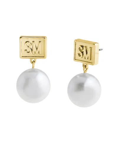 Steve Madden Faux Cultured Pearl Signature Logo Drop Earrings In Gold