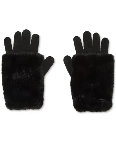 Steve Madden Faux-fur-cuff Cozy Knit Gloves In Black