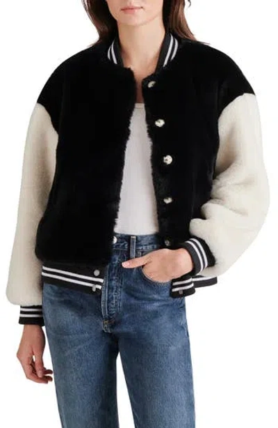 Steve Madden Faux Fur Varsity Jacket In Black
