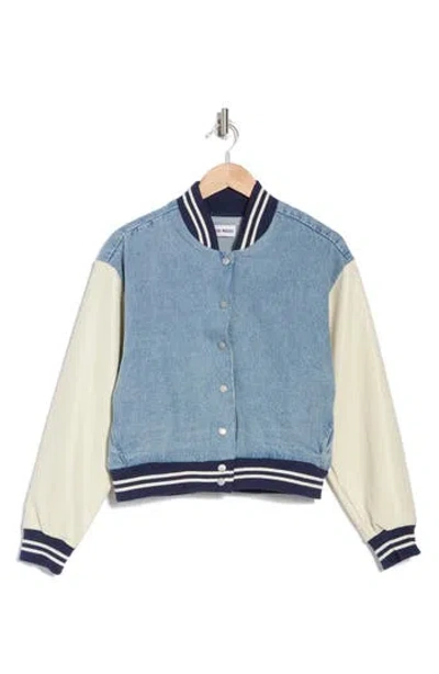 Steve Madden Faux Leather & Denim Varsity Jacket In Blue Frosting