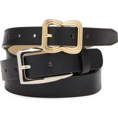 Steve Madden Faux Leather Elongated Buckle Belt In Black-black