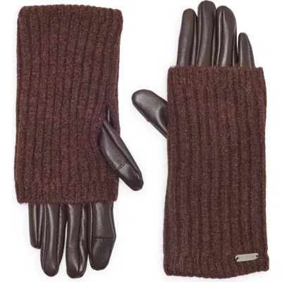 Steve Madden Faux Leather Ribbed Knit Gloves In Burgundy
