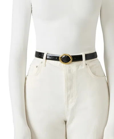 Steve Madden Feathered Edge Glazed Polyurethane Oval And Square Buckle 2-piece Belt Set In Black