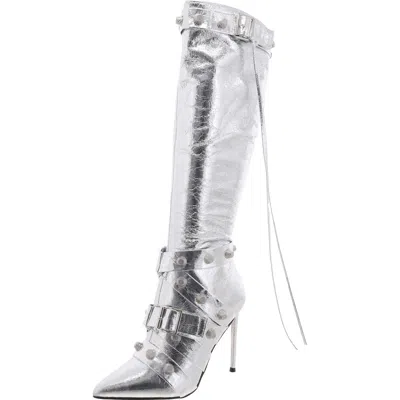 Steve Madden Fink Womens Faux Leather Embellished Knee-high Boots In Silver