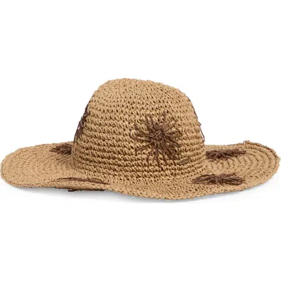 Steve Madden Floral Embroidered Straw Floppy Hat In Brown