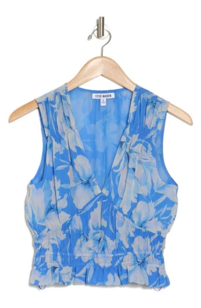 Steve Madden Floral Print V-neck Sleeveless Ruched Top In Blue