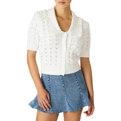 Steve Madden Gemma Ruffle Collar Pointelle Cardigan In White