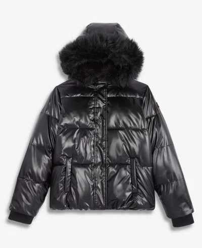 Steve Madden Kids' Girls' Xs-xl Liquid Fashion Hooded Puffer Jacket With Faux-fur Trim In Brown