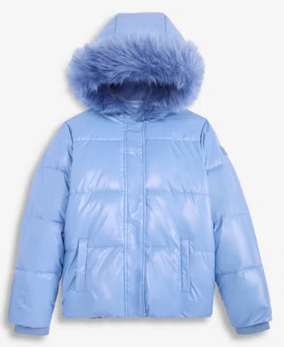 Steve Madden Kids' Girls' Xs-xl Liquid Fashion Hooded Puffer Jacket With Faux-fur Trim In Blue