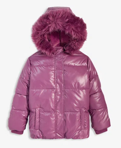 Steve Madden Kids' Girls' Xs-xl Liquid Fashion Hooded Puffer Jacket With Faux-fur Trim In Purple