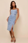 Steve Madden Gisele Light Wash Blue Denim Sleeveless Midi Dress In Blue