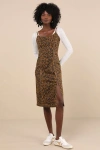 Steve Madden Giselle Brown Leopard Print Sleeveless Denim Midi Dress In Brown
