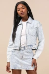 Steve Madden Glacia Light Wash Rhinestone Zip-front Denim Jacket In Blue