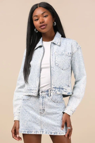 Steve Madden Glacia Light Wash Rhinestone Zip-front Denim Jacket In Blue