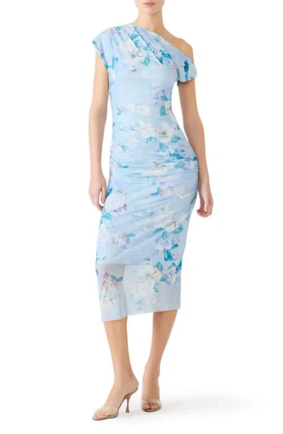 Steve Madden Gracelyn Floral Ruched One-shoulder Midi Dress In Blue