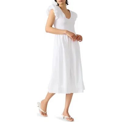Steve Madden Gray Smocked Puff Sleeve Midi Dress In White