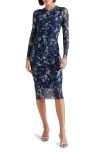 Steve Madden Hailee Floral Long Sleeve Mesh Body-con Midi Dress In Indigo