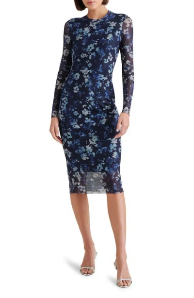 Steve Madden Hailee Floral Long Sleeve Mesh Body-con Midi Dress In Indigo