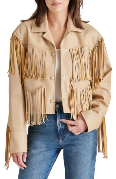 Steve Madden Halia Fringe Trim Faux Leather Jacket In Tan
