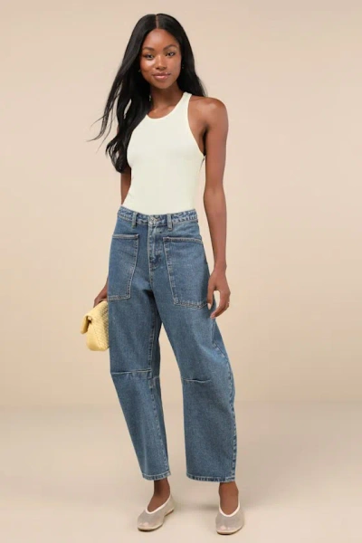 Steve Madden Haniel Medium Wash High-rise Barrel Jeans In Blue