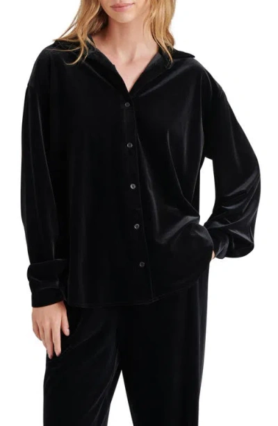 Steve Madden Jaelynn Slouchy Stretch Velvet Button-up Shirt In Black