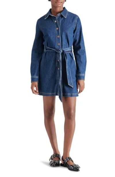 Steve Madden Jolena Long Sleeve Belted Denim Mini Shirtdress In Dark Blue