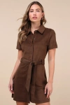 Steve Madden Jolene Brown Suede Button-up Collared Mini Dress In Brown