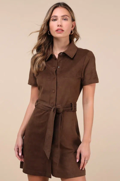Steve Madden Jolene Brown Suede Button-up Collared Mini Dress