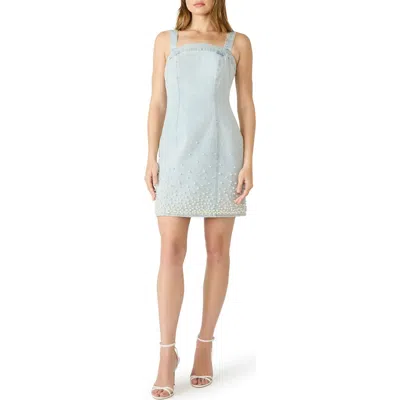Steve Madden Juliann Pearly Bead Sleeveless Denim Minidress In Blue