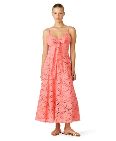 Steve Madden Juniors' Bow Front Eyelet Midi Sweetheart Neck Dress In Pink