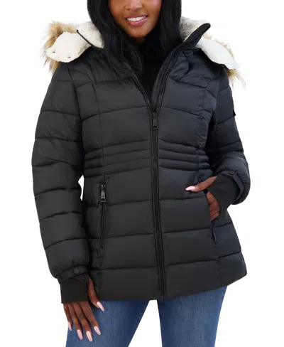 Steve Madden Juniors' Faux-fur-trim Hooded Puffer Coat, Created For Macy's In Black
