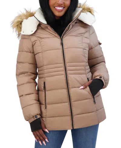 Steve Madden Juniors' Faux-fur-trim Hooded Puffer Coat, Created For Macy's In Sand