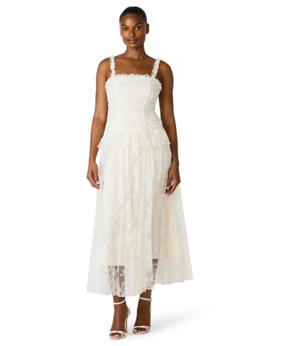 Steve Madden Juniors' Ruched Chantilly Lace Drop Waist Peplum Maxi Dress In White