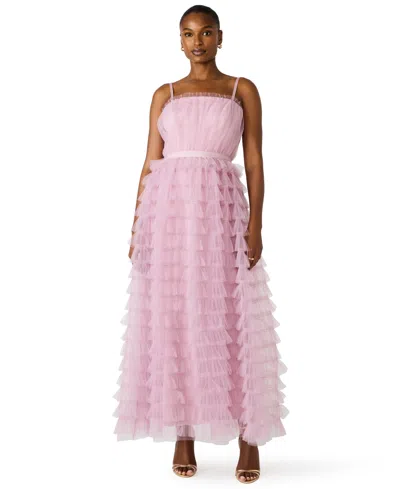 Steve Madden Juniors' Tiered Tulle Square Neck Gown In Pink