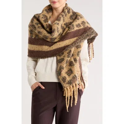 Steve Madden Leopard & Stripe Print Scarf In Brown