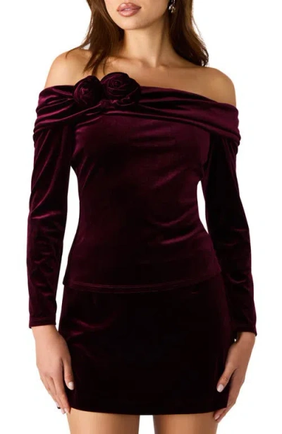 Steve Madden Lici Rosette Off The Shoulder Velvet Top In Burgundy