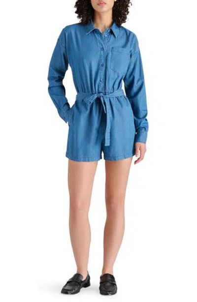 Steve Madden Long Sleeve Chambray Romper In Azure Blue