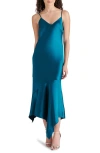 Steve Madden Lucielle Handkerchief Hem Satin Slipdress In Midnight Teal