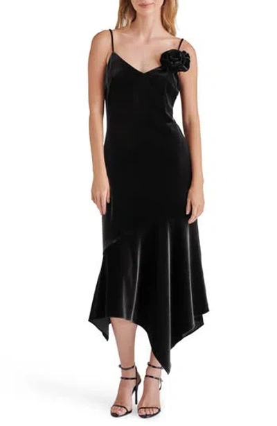 Steve Madden Lucille Rosette Detail Asymmetric Velvet Dress In Black