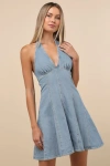Steve Madden Malia Light Wash Halter Skater Mini Dress