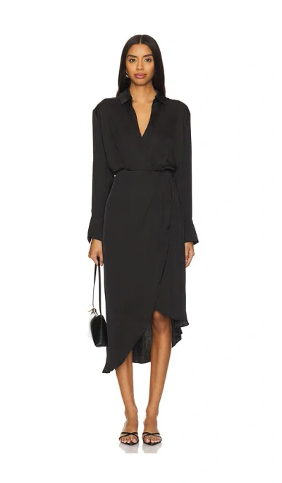 Steve Madden Martina Long Sleeve Faux Wrap Midi Shirtdress In Black