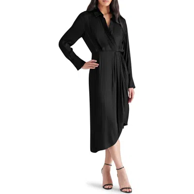 Steve Madden Martina Long Sleeve Faux Wrap Midi Shirtdress In Black