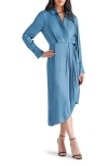 Steve Madden Martina Long Sleeve Faux Wrap Midi Shirtdress In Ocean Blue