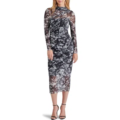 Steve Madden Maureen Floral Long Sleeve Mesh Midi Dress In Black/white