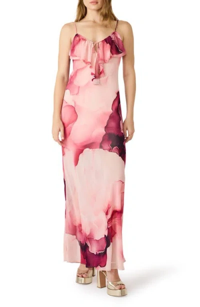Steve Madden Maxina Cloud Print Ruffle Neck Maxi Dress In Pink