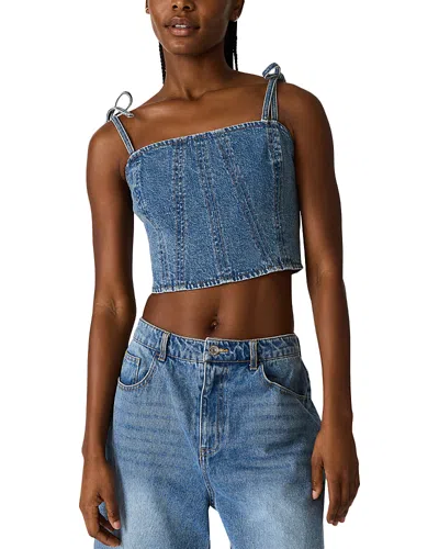 Steve Madden Meaghan Seamed Cotton Blend Denim Crop Top In Blue