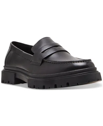 Steve Madden Men's Akkron Faux-leather Lug-sole Penny Loafers In Black Leather