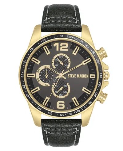 Steve Madden Men's Modern Black Faux Leather And Gold-tone Alloy Metal Watch, 45mm In Black,gold-tone