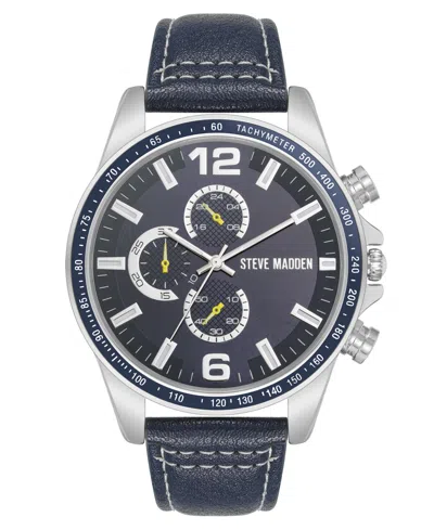 Steve Madden Men's Modern Navy Faux Leather And Silver-tone Alloy Metal Watch, 45mm In Navy,silver-tone